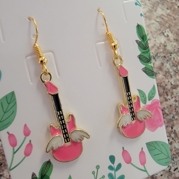 *2 for $13* Pink Electric Bass Guitar 🎸 Music Lover Gold-Tone Earrings - Picture 2 of 5